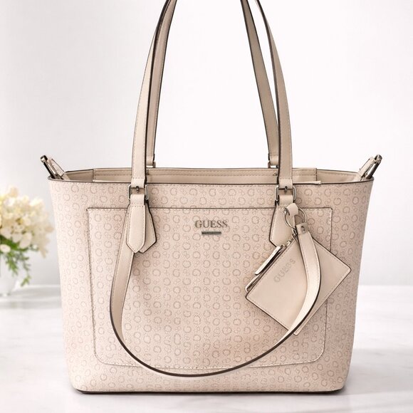 Guess Handbags - GUESS Logo Tote Bag Cream Beige Monogram Shoulder Bag NWOT